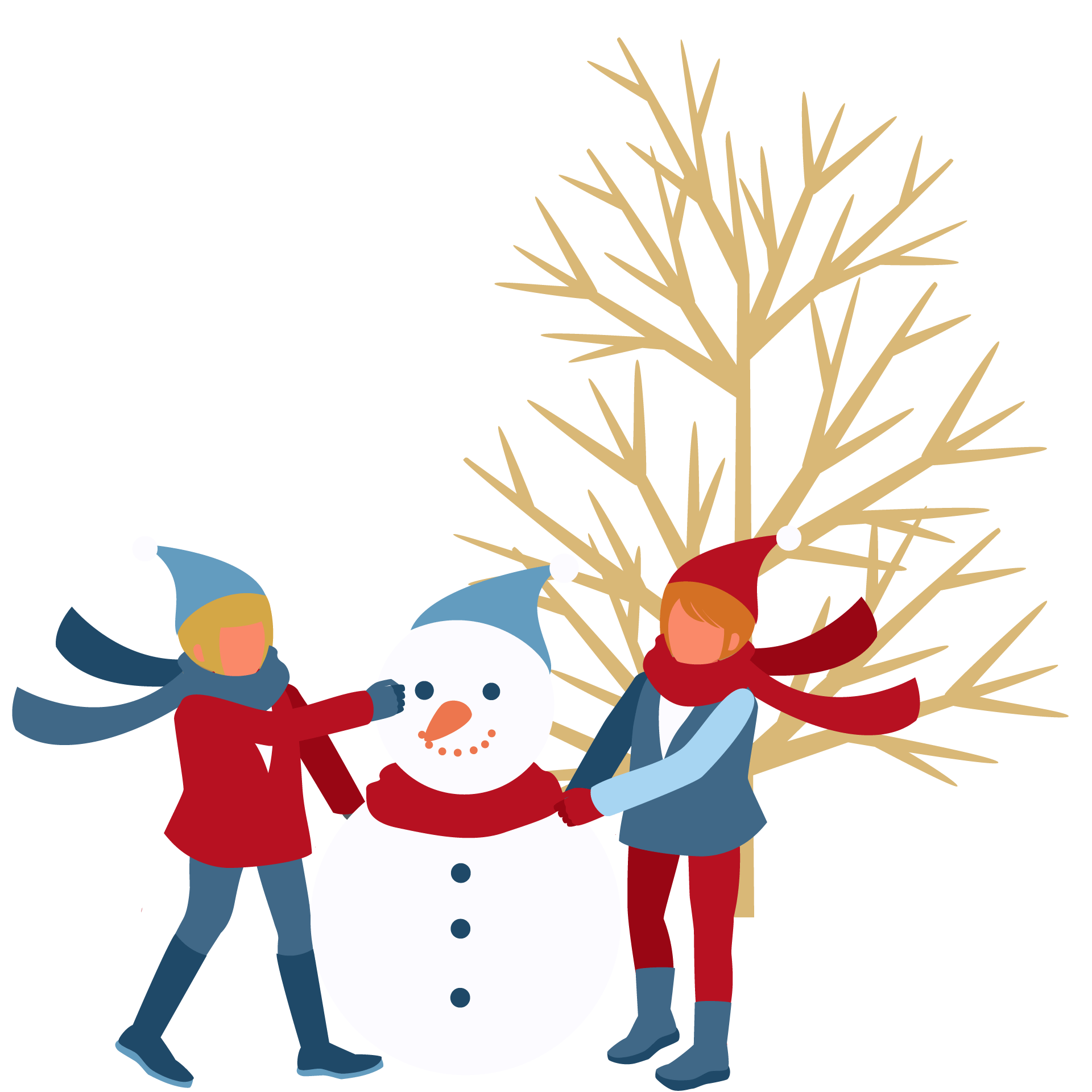 Weihnachtsgrafik mit Kindern die einen Schneemann bauen