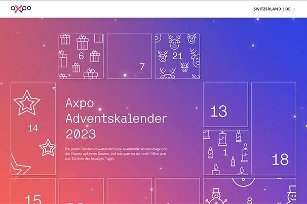 Adventskalender mit farbigem Hintergrund, der von lila nach orange übergeht. Text: "Axpo Adventskalender 2023. Bei jedem Türchen erwartet dich eine spannende Wissensfrage und die Chance auf einen Gewinn.