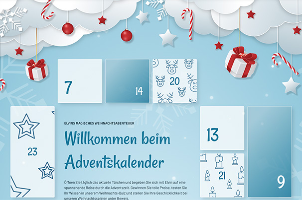 Adventskalender mit winterlichen Motiven wie Geschenken, Zuckerstangen und Schneeflocken.