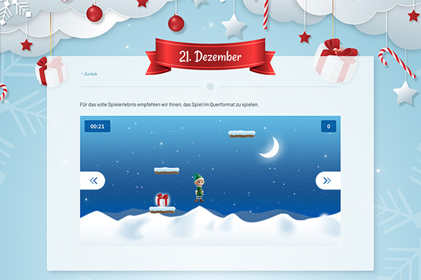 Screenshot zeigt Bild eines Minispiels aus einem Adventskalender. Zeigt einen Elfen, der über schwebende Plattformen springt, um Geschenke zu sammeln.