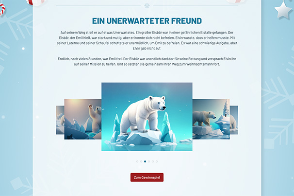 Seite eines Adventskalenders mit dem Titel "Ein unerwarteter Freund". Zeigt eine Geschichte über einen Eisbären namens Emil, der einen Elfen auf seiner Reise unterstützt. Bilder von Emil dem Eisbären sind in einer Galerie dargestellt.